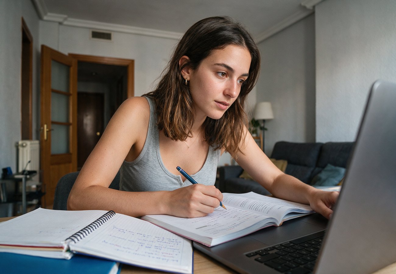 Certificado de francés EOI: alumna preparando el examen en casa