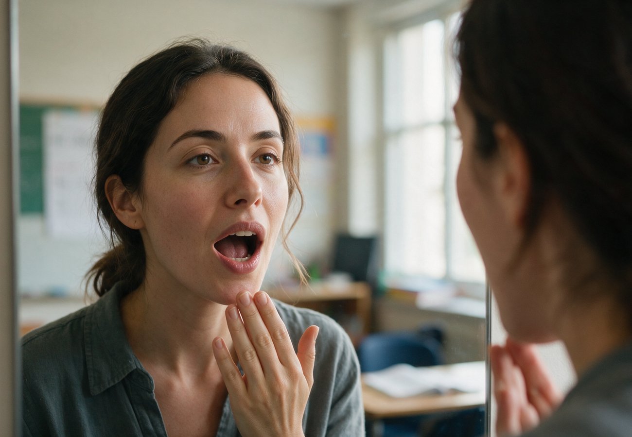 Pronunciar la R francesa: alumna practicando la pronunciación ante el espejo