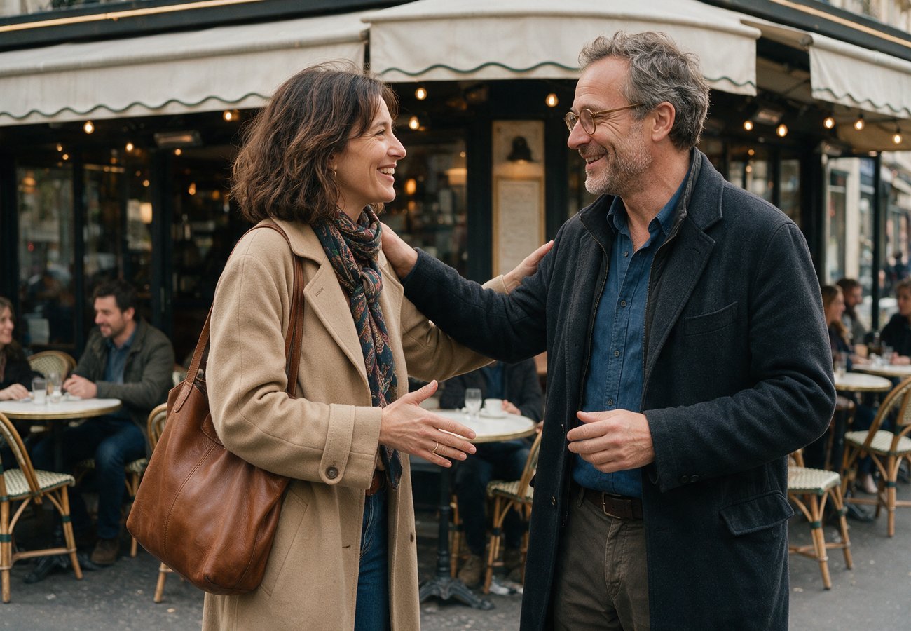 Tu o vous: dos personas saludándose en una terraza de París